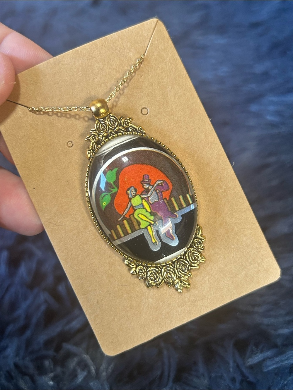 Handcrafted vintage 1978 matchbook playboy dancing couple cameo pendant necklace
